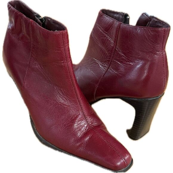 Minozzi Shoes - Minozzi Burgundy Leather Ankle Boots with Block Heel | EU 38 | US 7.5-8